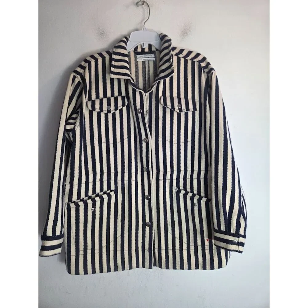 Urban Outfitters Beige & Black Stripped Utility/Barn Cotton Button Jacket Medium